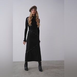 UDEL Black Button Tailored Structured Chic High-Waist A-Line Modest Maxi Skirt S